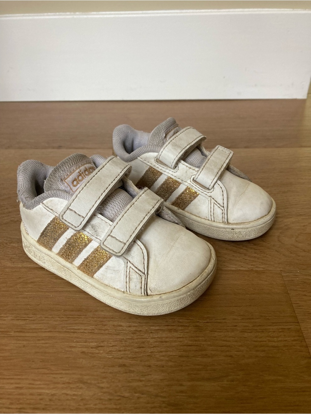 Adidas Kids Velcro White Sneakers with Gold Glitter Stripes